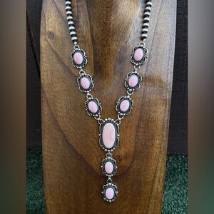 Navajo Handmade Sterling Silver Pink Conch Lariat Pearls Chain Bead Necklace E